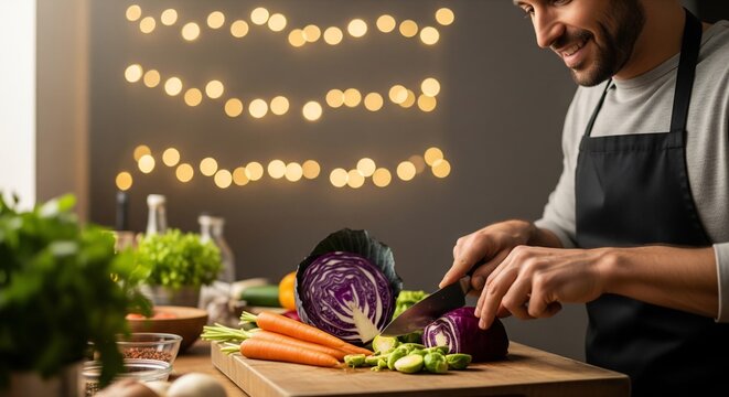 Smiling man in a black apron chopping fresh red cabbage and vegetables on a cutting board in a cozy kitchen.