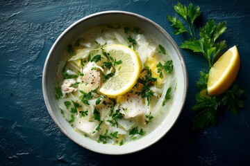 Bowl of Zupa Rybna with fish soup broth, vegetables, herbs. Concept of creamy soup with fresh ingredients on dark textured background, providing Polish culinary delight.