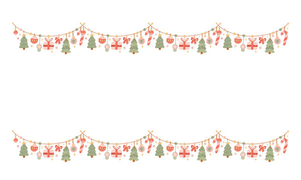 PNG image of Festive christmas garland with ornaments trees gifts and candy canes creating a cheerful holiday border for cards invitations and seasonal designs on transparent background