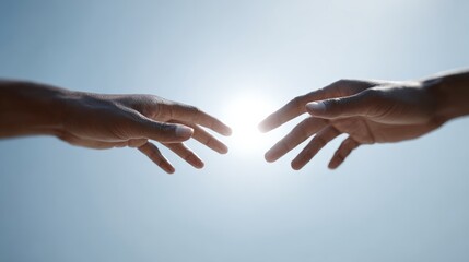 Two diverse hands reaching towards each other with bright light between them, symbolizing help, collaboration, and human connection in a hopeful blue sky