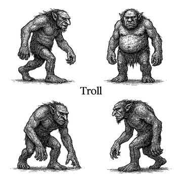 Troll vintage engraving, mythical cave monster illustration, black and white folklore creature