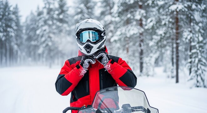 Person in snowmobile helmet and red jacket adjusting gloves in snowy forest