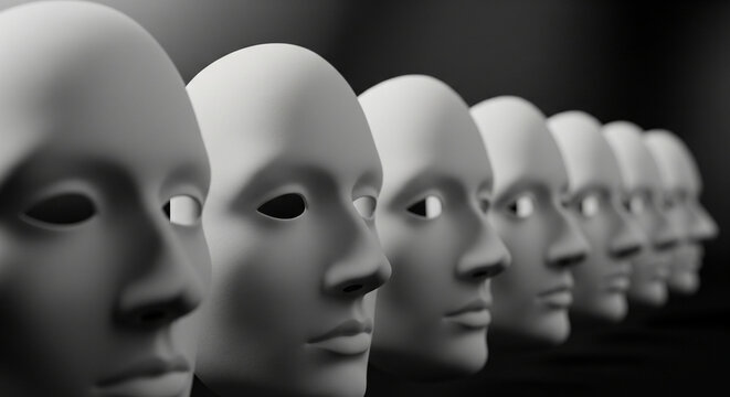 A row of faceless masks in close-up, minimalist design creating a mysterious atmosphere that encourages reflection