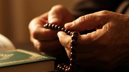 Close-up of hands holding a string of prayer beads, and a book. The beads are a deep brown - Powered by Adobe