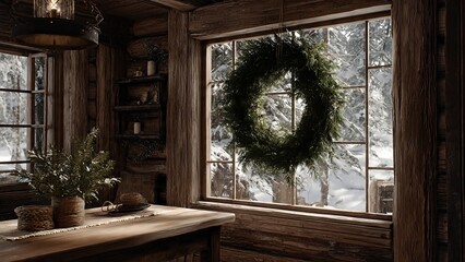 Cozy rustic cabin interior with a festive wreath on a window overlooking a snowy winter forest.