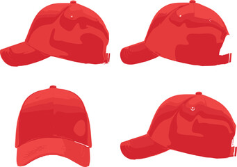 Vibrant Red Blank Baseball Cap Vector Illustration: Adjustable Strap, Curved Bill, Multiple Angles, Casual Sports Headwear Accessory Isolated on White.
