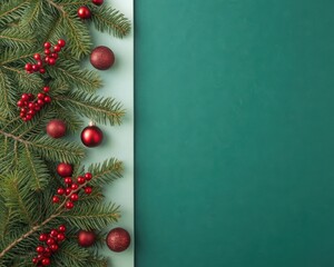 Festive christmas tree branches with red ornaments and berries