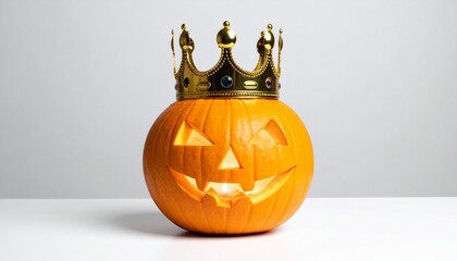 A carved jack-o'-lantern pumpkin wearing a jeweled crown, resting on wood with autumn leaves.