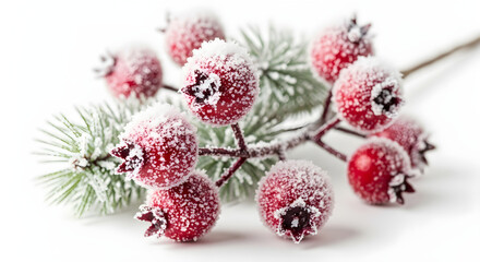 red berries in snow isolated on white background