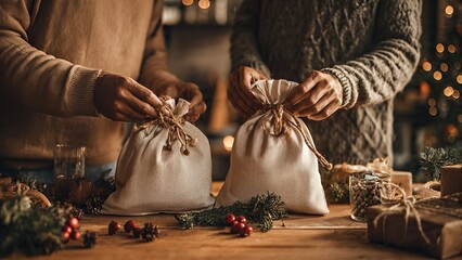 Two people are carefully tying rustic fabric gift bags with twine, surrounded by festive holiday decorations on a wooden table.