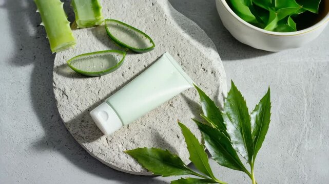 Aloe vera skincare cream tube with natural leaves on stone background  