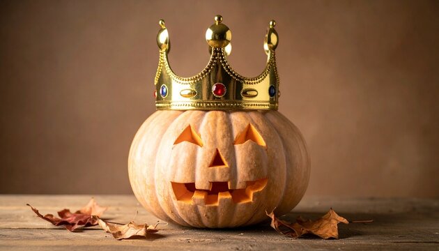 A carved jack-o'-lantern pumpkin wearing a jeweled crown, resting on wood with autumn leaves.