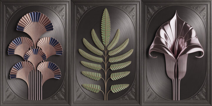 Neo-Deco triptych of geometric Flora panels, metallic textures, rose-gold, sapphire, jade, chrome; luxury wallpaper, maximalist design, high-end print, editorial concept, ultra-sharp focus.