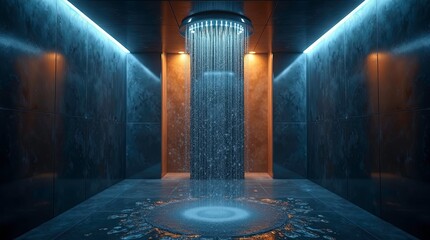 Futuristic luxury shower interior: Elegant modern bathroom with rainfall shower illuminated by soft blue and amber LED lighting, falling in perfect streams, reflecting on walls with a wet texture.