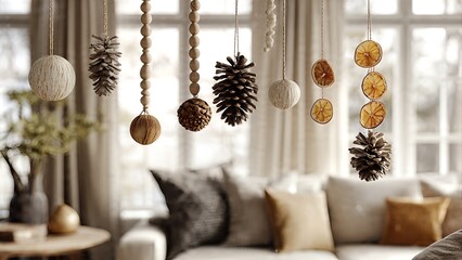 Natural and rustic hanging decorations featuring pinecones, dried oranges, and woven spheres in a cozy living room setting.