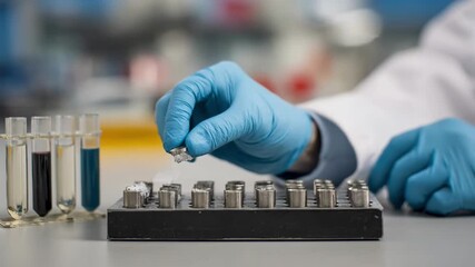 Technician carefully measures metal powders in a lab setting preparing corrosionresistant alloy samples for experimental testing and analysis