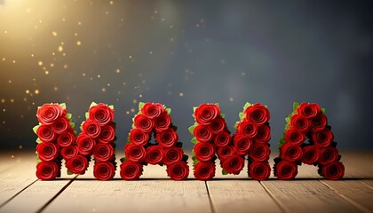 Floral arrangement of roses spelling "MAMA" on wooden background  