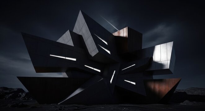 A futuristic, angular, dark, abstract building with sharp, jagged edges and glowing lights, set against a dark, moody sky with a mountain range in the background.