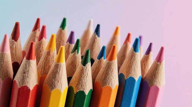 Macro photograph of tightly packed colored pencils arranged together, showcasing sharpened pencil tips in a vivid rainbow spectrum.