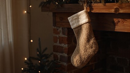 A cozy Christmas stocking hangs from a rustic wooden mantelpiece above a brick fireplace, illuminated by warm fairy lights and soft sunlight.