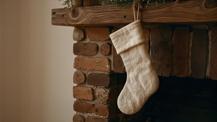 A simple, light-colored Christmas stocking hangs from a rustic wooden mantelpiece above a brick fireplace, creating a cozy holiday scene.