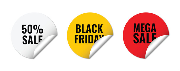 Round Sale Sticker Labels Set with Curled Edges, 50% Sale, Black Friday and Mega Sale Tags, Colorful Promotional Discount Badges for Marketing, Retail Advertising and Ecommerce Designs