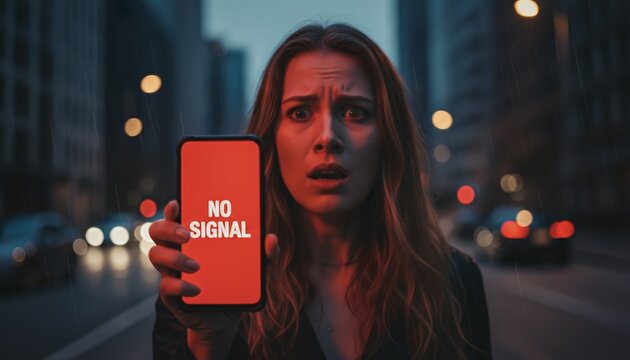 Woman standing on a city street at night, looking worried and distressed, holding up a smartphone displaying a no signal message, indicating connectivity issues and communication problems