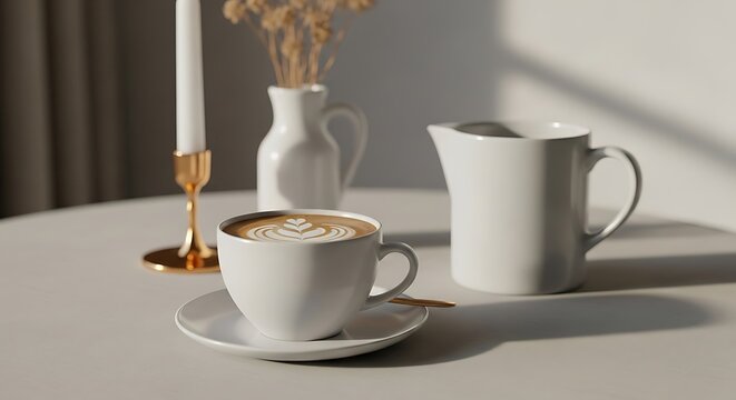 A perfectly crafted latte sits beside a ceramic pitcher and a candle on a white table