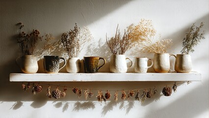 Rustic white shelf with ceramic mugs holding dried plants and a pinecone garland.