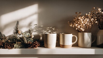 Cozy shelf decor with ceramic mugs, pine branches, and dried flowers bathed in warm sunlight, creating a serene and minimalist home interior scene.