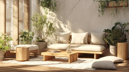 A bright and serene indoor-outdoor living space with wooden furniture, lush green plants, and soft natural light creating a tranquil atmosphere.