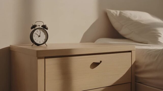 Alarm clock on bedside table with morning light