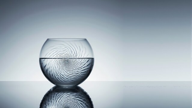 Round glass fishbowl filled with clear water showing a swirling vortex or whirlpool at the center, placed on reflective surface, soft blue gradient background.