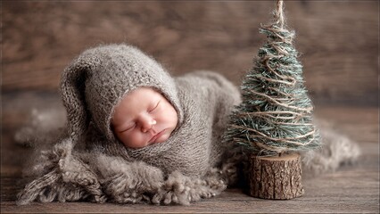A sleeping newborn baby in a grey knitted outfit next to a small rustic Christmas tree decoration on a wooden background.