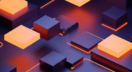 Abstract Geometric Cubes with Neon Orange Glow and Purple Background