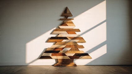 A modern, rustic Christmas tree made from various shades of wood planks, standing against a white wall with a strong diagonal sunlight shadow.