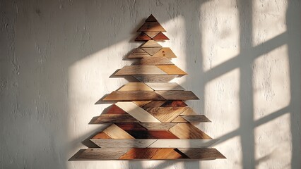 Rustic wooden Christmas tree decoration on a white wall with sunlight and window shadows.