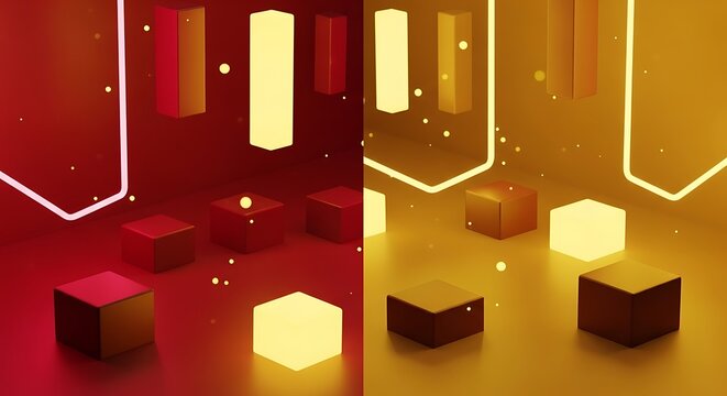 Abstract Geometric Display with Illuminated Cubes and Rectangles in Contrasting Red and Yellow Hues