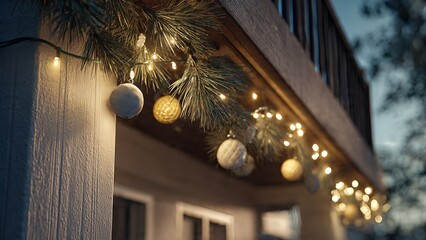 Close-up of glowing string lights and festive ornaments decorating a building's exterior during the evening.