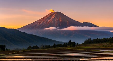 Active volcano erupting with smoke at sunrise over rice fields and misty mountains