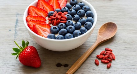 Nutritious berry oatmeal with strawberries, blueberries, goji