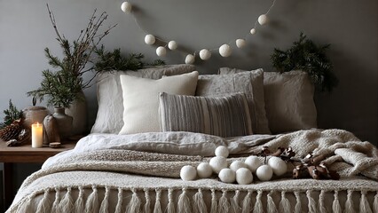 Cozy bedroom decorated for winter with neutral bedding, festive garland, and natural elements like evergreen branches and pinecones.