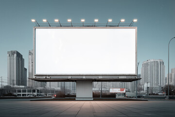 Empty billboard in urban cityscape with modern high-rise buildings on a cloudy day