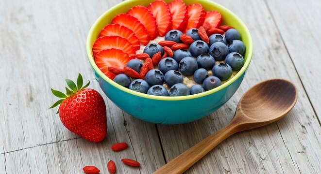 Healthy breakfast bowl with fresh strawberries, blueberries, goji. - Powered by Adobe