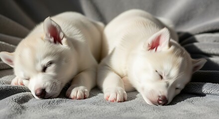 Fototapeta premium Adorable White Husky Puppies Sleeping Peacefully on a Soft Grey Blanket in Natural Sunlight