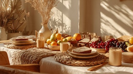 A rustic dining table set with fresh fruits, bread, and drinks, bathed in warm sunlight.