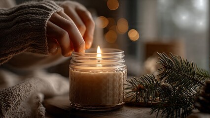 Hands lighting a scented candle in a glass jar, surrounded by festive pine branches and warm bokeh lights, creating a cozy winter atmosphere.