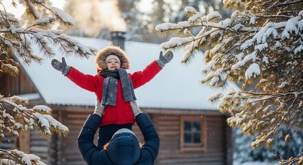 Child held aloft by parent against a snowy log cabin backdrop during golden hour.
