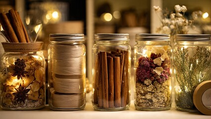Five glass jars filled with aromatic spices, dried flowers, and herbs, illuminated by warm fairy lights in a cozy setting.