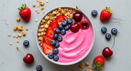 Vibrant pink smoothie bowl with fresh berries and crisp granola